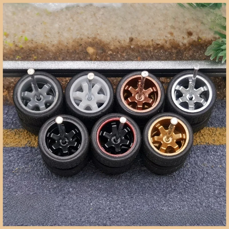 Kicarmod 1/64 roues avec pneus en caoutchouc moyeu à 6 rayons Kit modifié détaillé pour 1:64 Hotwheels modèle voiture jouet roue Kit 5 ensembles