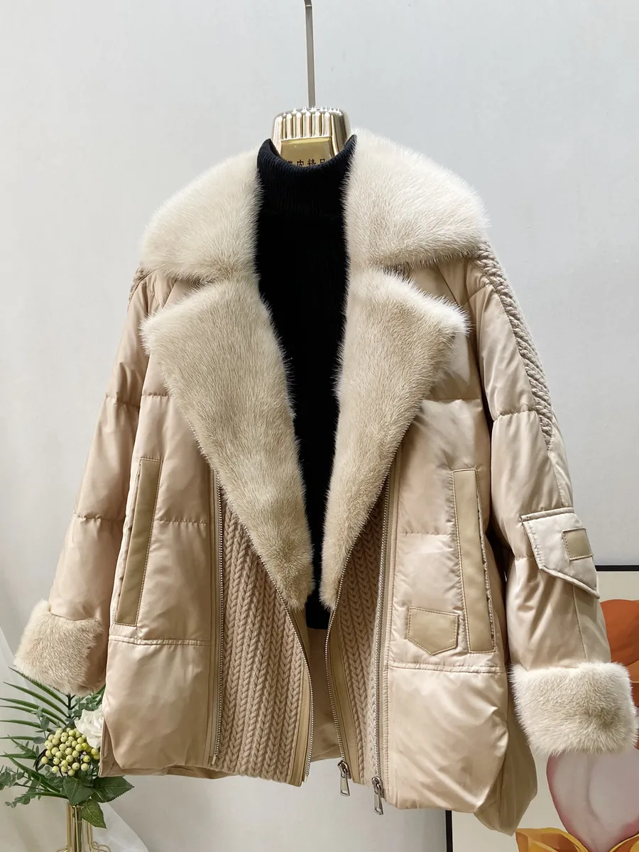 2022 Fashion New Autumn Winter Real Mink Fur Coat Women Natural Goose Feather Jacket Luxury Down Fur Hood Women