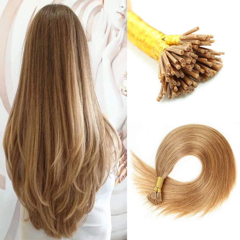 

Straight I Tip Hair Extensions Human Hair 14"-24" Fusion Tip Hair Micro Ring Machine Remy Real Human Hair On Capsule 100s/set