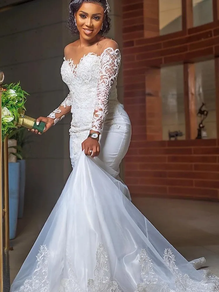 Luxury Lace Mermaid Wedding Dresses for Bride Sheer O-neck Tulle Applique Bridal Gowns Customized Long Sleeves vestido de novia
