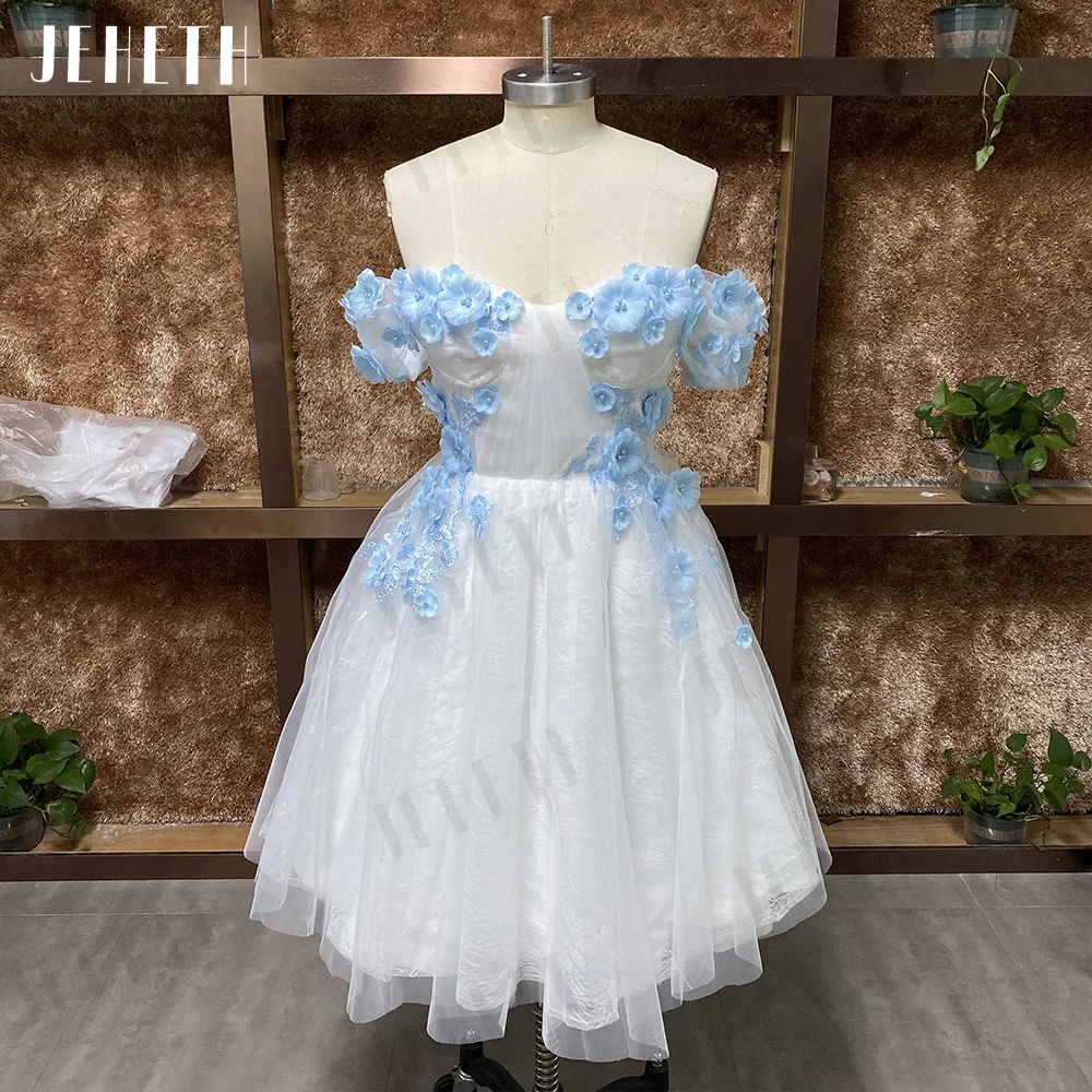 JEHETH Pastoral White Prom Dresses Floral 3D Party Off Shoulder Lace Homecoming Backless Evening Flowers Gown Sweetheart فساتين