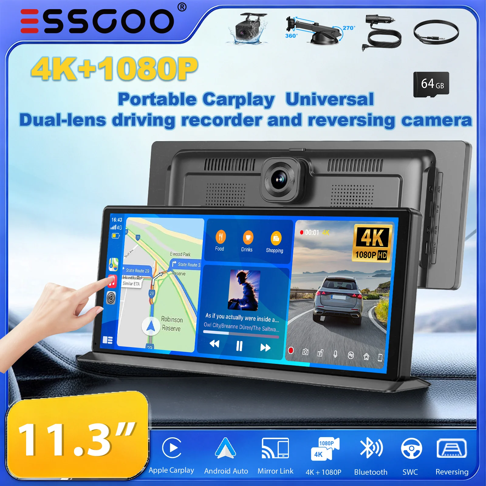 ESSGOO 11,3" Autoradio 4K+1080P Tragbares Carplay Universelles Android Auto Universeller Dual-Lens-Fahrtenschreiber und Rückfahrkamera Nachtsicht Drahtloses CarPlay WiFi FM Bluetooth 5.3 AUX Mirror