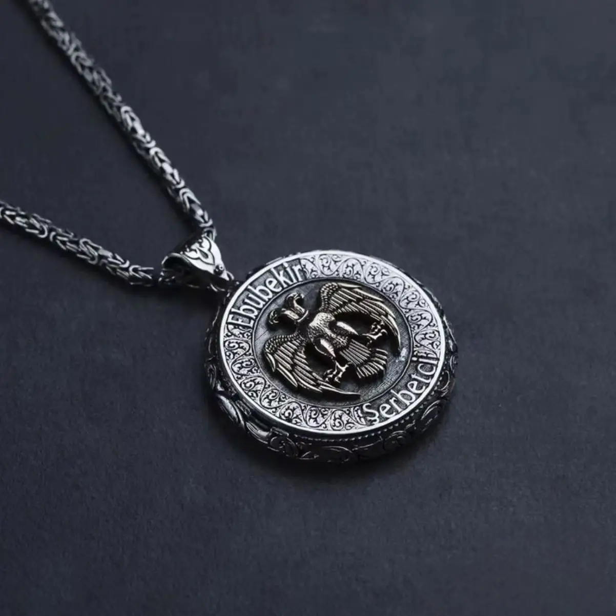 Elegant Personalized Silver Medallion Necklace with Double-Headed Eagle Figure - Customizable with Name Engraving-Unique Jewelry