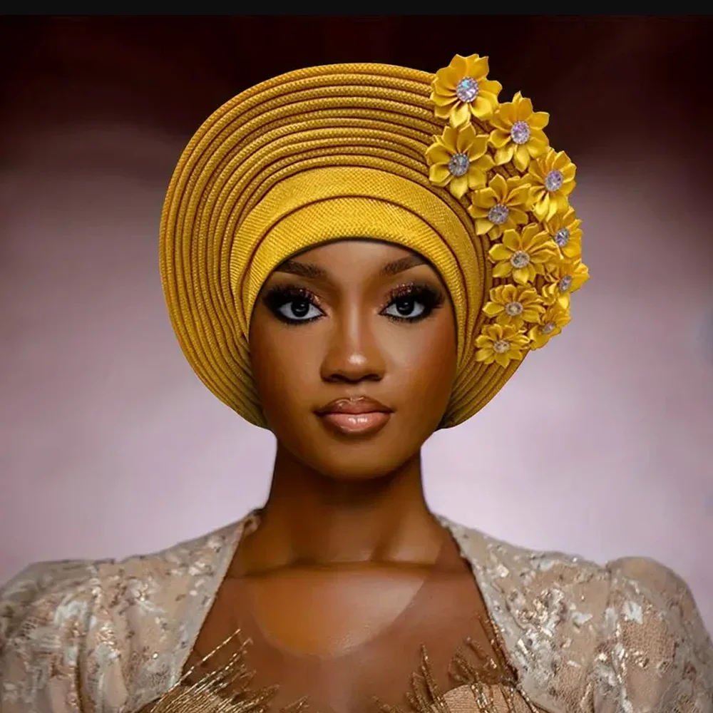 Nowe afrykańskie turbaniki na głowę Nigeria z kwiatami, gotowe do noszenia, auto gele, damskie chusty na głowę na wesele i przyjęcia. — zdjęcie 2