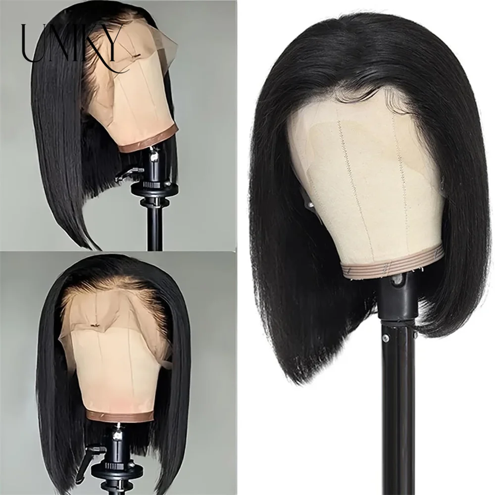 Peluca de cabello humano liso con encaje frontal, pelo brasileño predespuntado, transparente, corto, Bob, 13x4