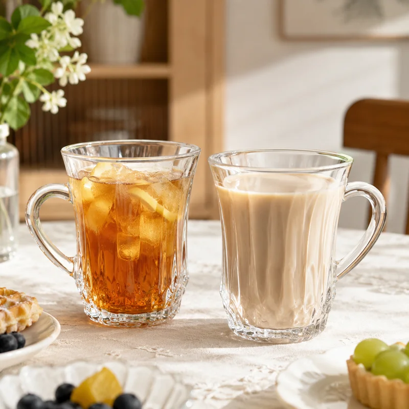 300ml Clear Vertical Ribbed Glass Mug with Handle, Crystal Cut Drinking Cup for Coffee Tea Juice, Dishwasher Safe
