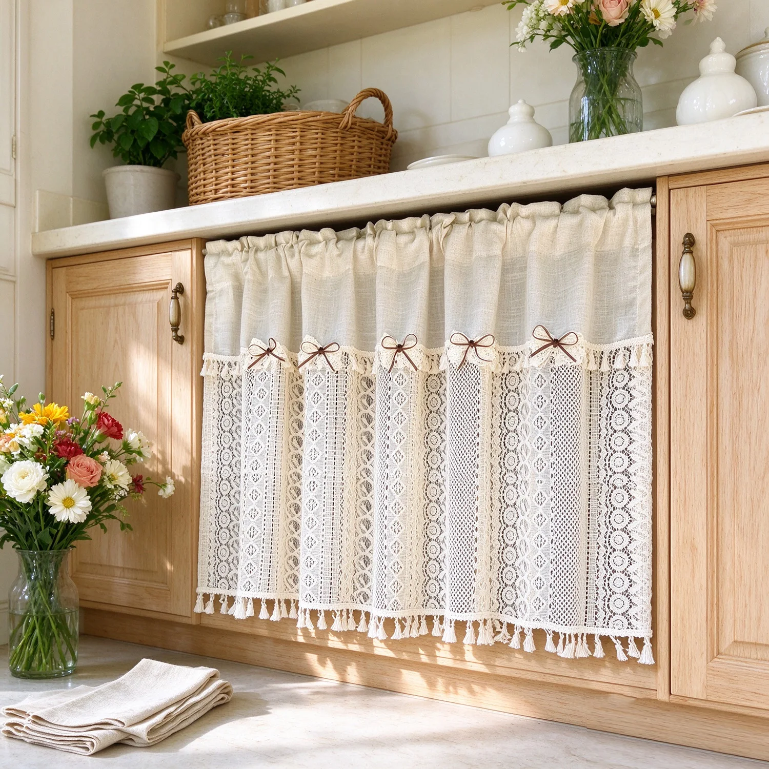 Boho Hollow Lace Sheer Curtains with Bow, Vintage Farmhouse Kitchen Cafe Curtains with Valance for Kitchen Sink Window Decor