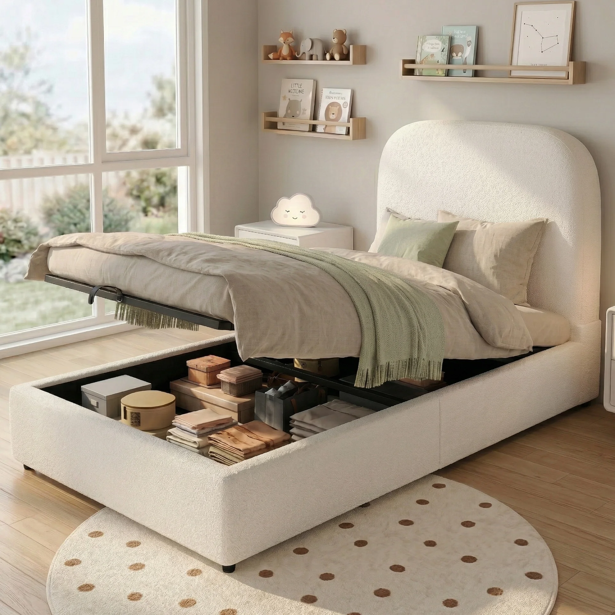 Kinderbed, enkel bed, hydraulisch bed en gestoffeerde hoofdbord, 90 × 200 cm, zonder matras