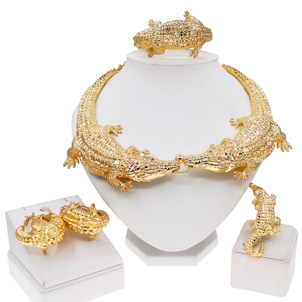 New Jewelry Sets For Women Italian Gold Plated Crocodile Necklace Earrings Ring Animal Design Rings Party Essentials