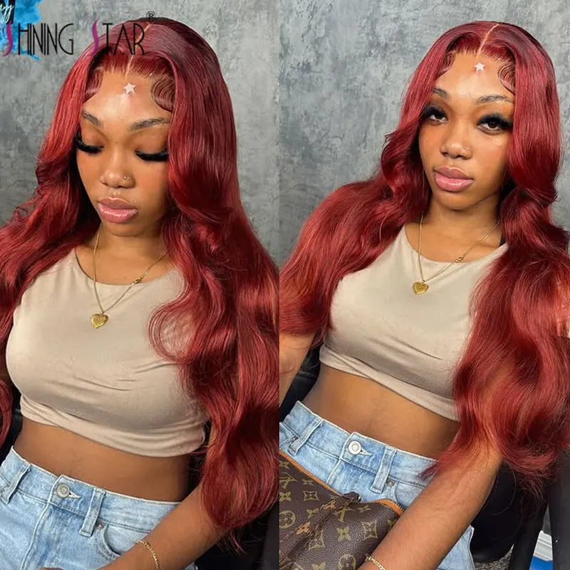 99J Burgundy Body Wave Lace Front Human Hair Wigs Transparent 13X6 13X4 Lace Frontal Wigs Pre Plucked Red Colored Human Hair Wig