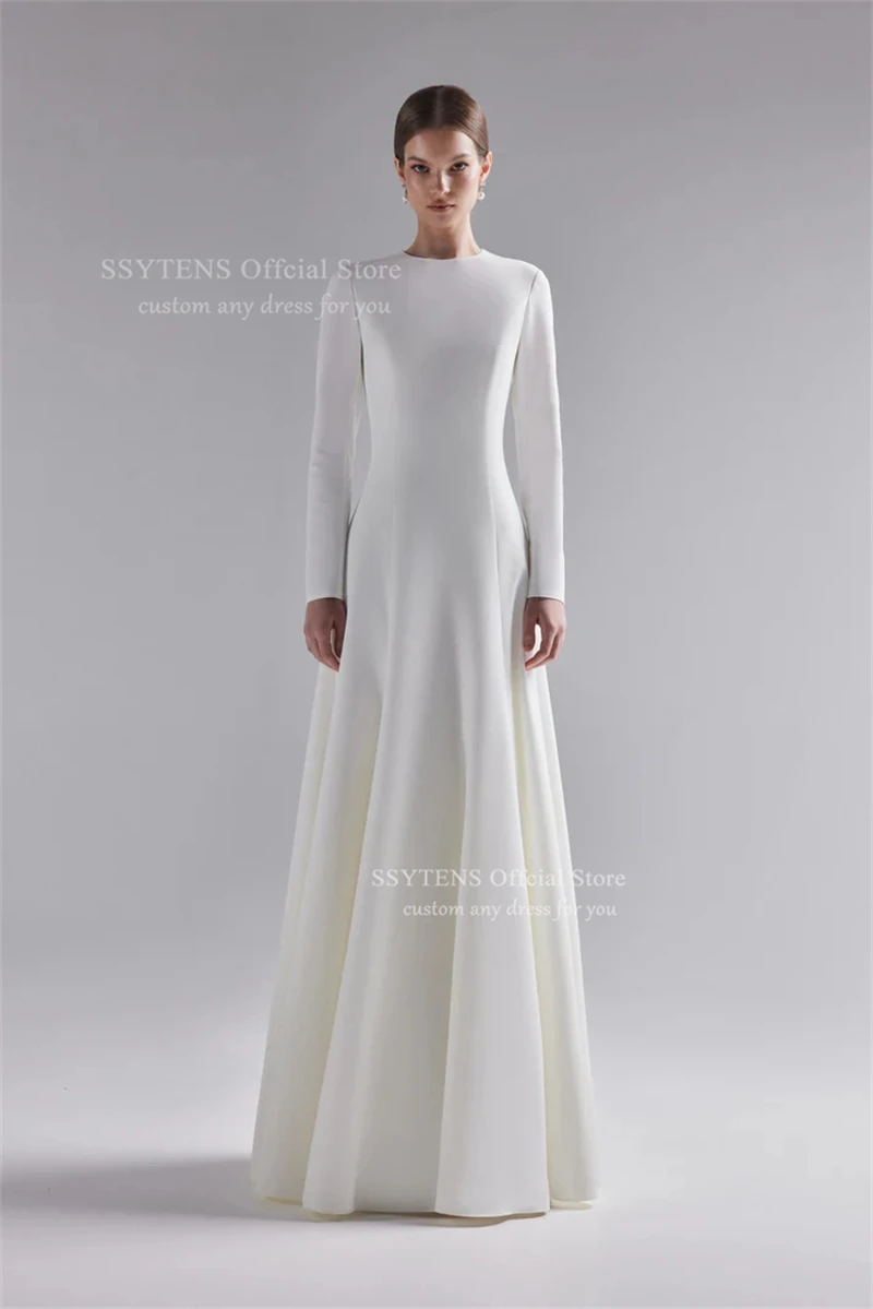 ชุดแต่งงานทรงเอไลน์ยาวหรูหรา SSYTENS สำหรับผู้หญิง คอทรงโอ ผ้าซาติน แขนยาว ชุดเจ้าสาว Vestidos De Novia Boda 2026 รับสั่งตัด