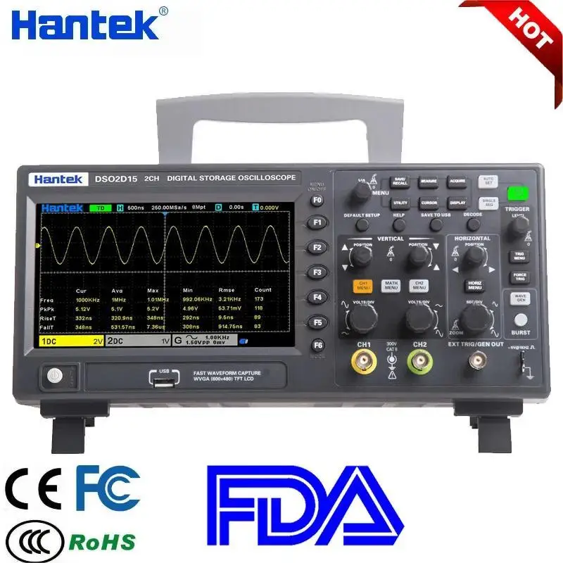 Hantek DSO2D15 Digital Oscilloscope Dual Channel Input 150MHz Signal Generator 1GSa/s Sampling Rate Voltmeter Frequency Meter