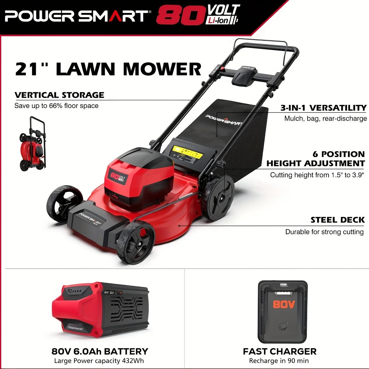 PowerSmart 80V 21in 3-in-1 Push Cordless Lawn Mower, Brushless Battery Lawn Mower with 6.0Ah Battery and Charger