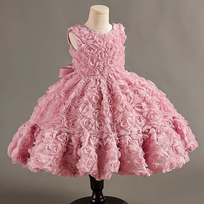 Champagne Pink Elegant Birthday Party Dress for Kids Girl Luxury Pageant Tulle Short Evening Gown Children Cute Princess Dresses