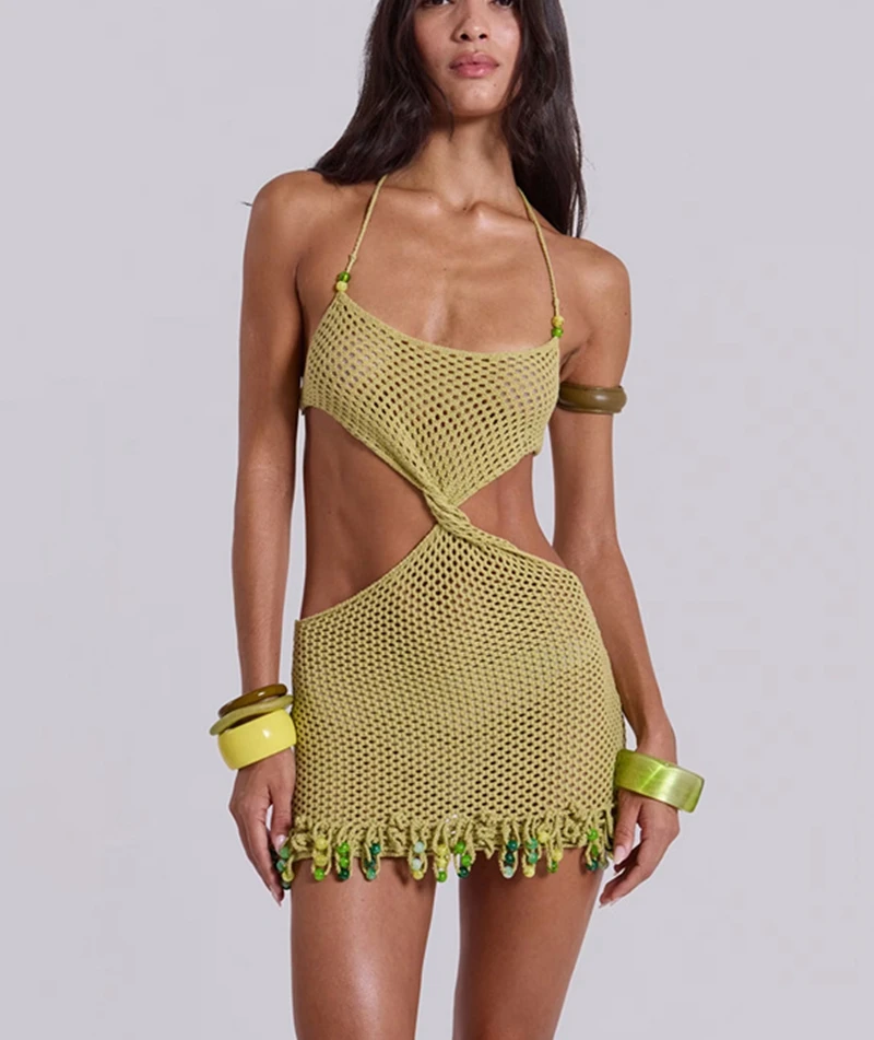 Women's Sexy Sleeveless Backless Beading Fringe Short Knit Dress Summer Beach Crocheted Bikini Cover Ups See-through Tunic