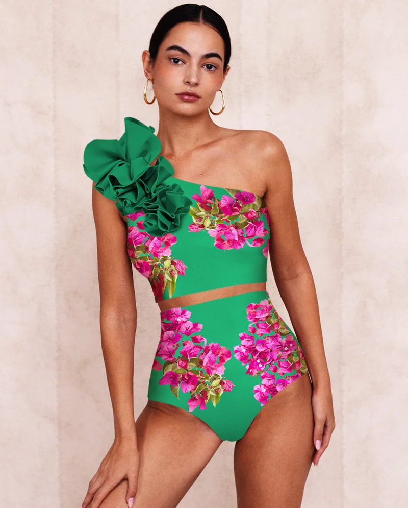 2024 Vintage Rose Pink Bougainvillea Flower Printed Bikini Set Swimsuit and Skirt Swimwear Women Beachwear Bathing suit bikini