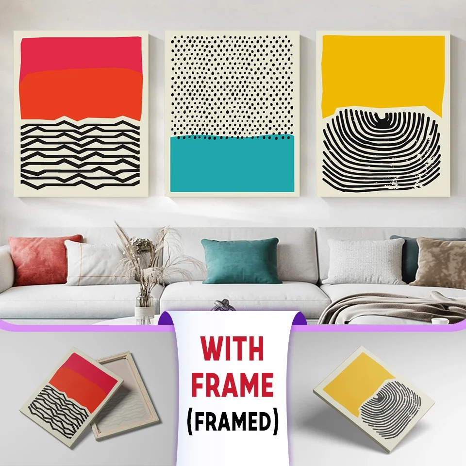 

Framed Mid Century Modern Abstract Color Blocks Line Poster Canvas Painting Wall Art Pictures with Frame Living Room Home Decor