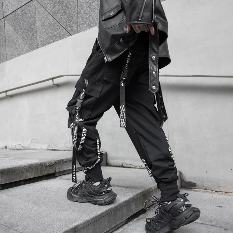 Men's Cargo Pants Hip Hop Hit Color Multiple Pockets Trousers Streetwear Ribbons Techwear Sweatpants Summer High Street Pants