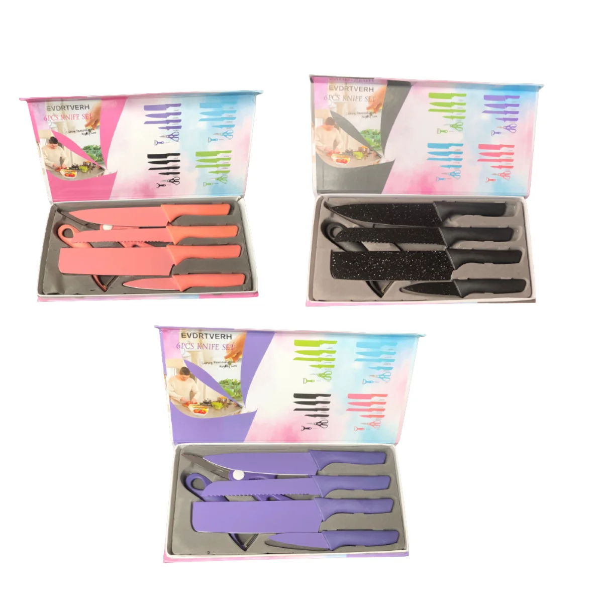 Conjunto de 6 facas de cozinha com caixa, lâminas antiaderentes com aço inoxidável, conjunto de facas de cozinha, incluindo um d