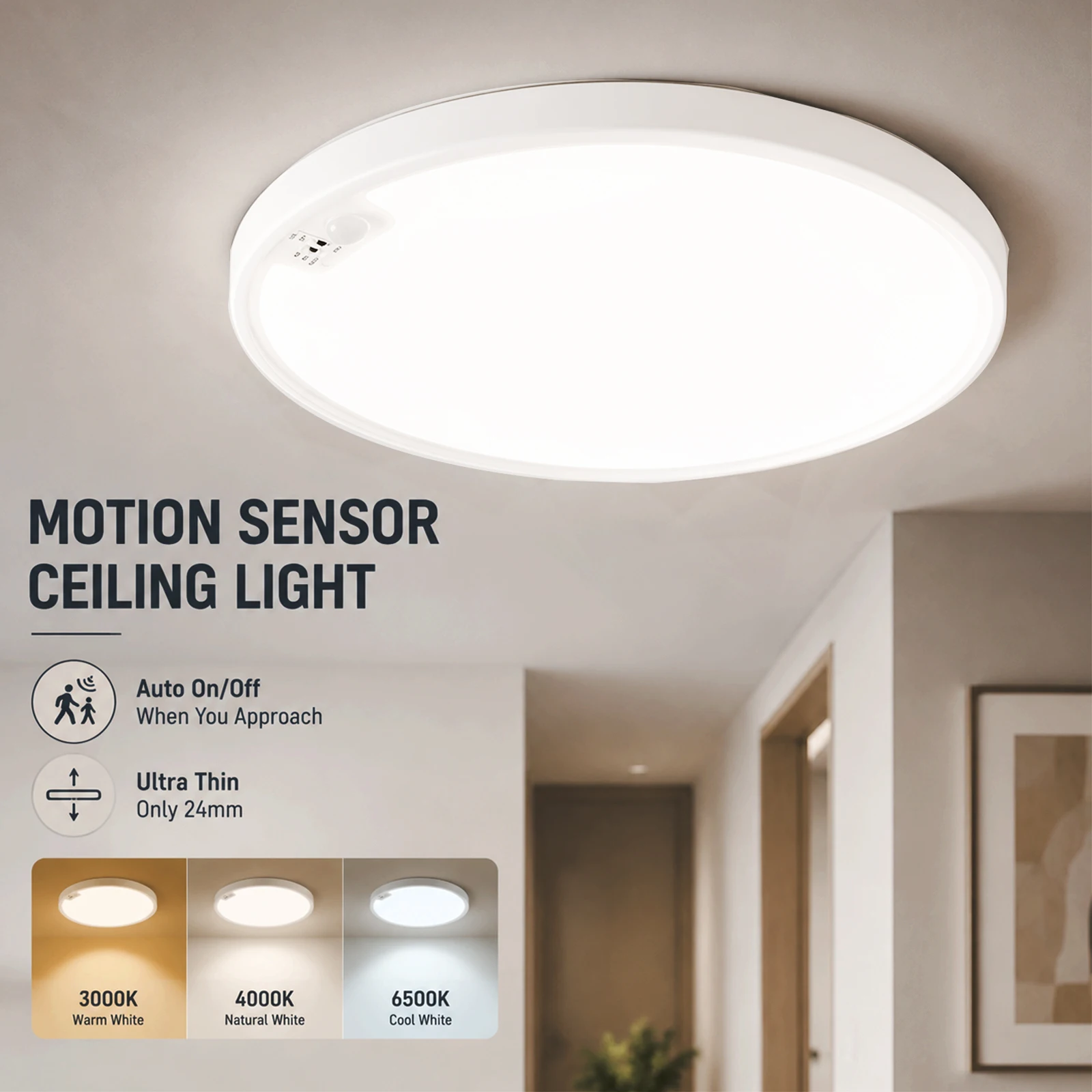 Lureshine 2 Stück Pir-Bewegungssensor-LED-Deckenleuchte 18W 1800Lm 3 Farbtemperaturen AC220 - 240V IP20 Ultradünne Deckenleuchte mit einstellbarem Timer für Flur, Schlafzimmer, Balkon, Dekoration