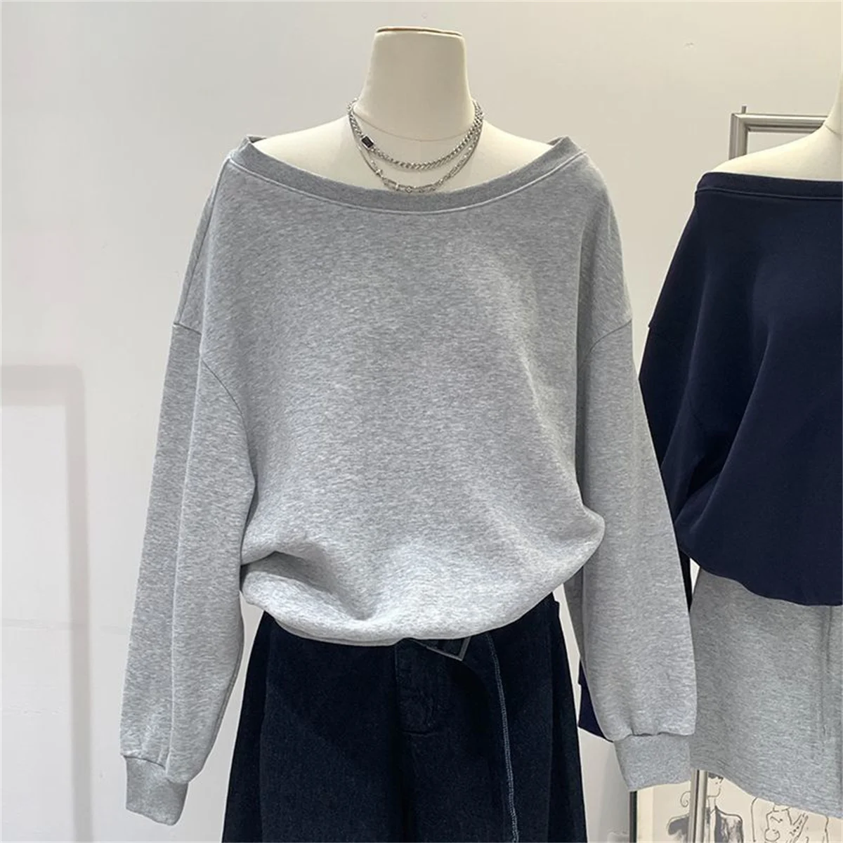 Spring French Style Hoodies Women Diagonal Collar Irregular Off Shoulder Versatile Long Sleeve Top Sweatshirt Outwear Tops