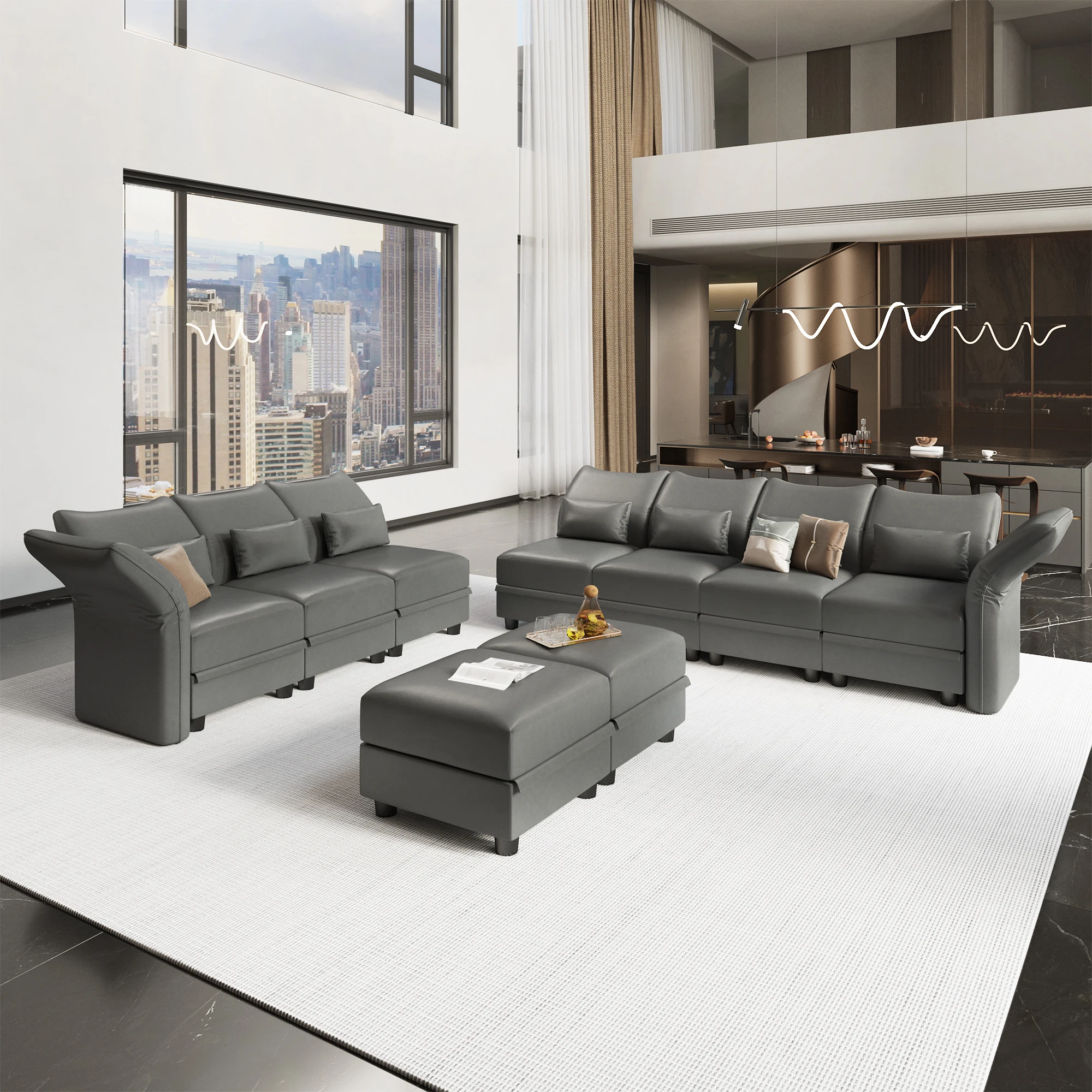 Large Modular Sectional 9 Seater U Shaped Sofa with Storage, Faux Leather Waterproof Sectional Couch for Living Room, Grey