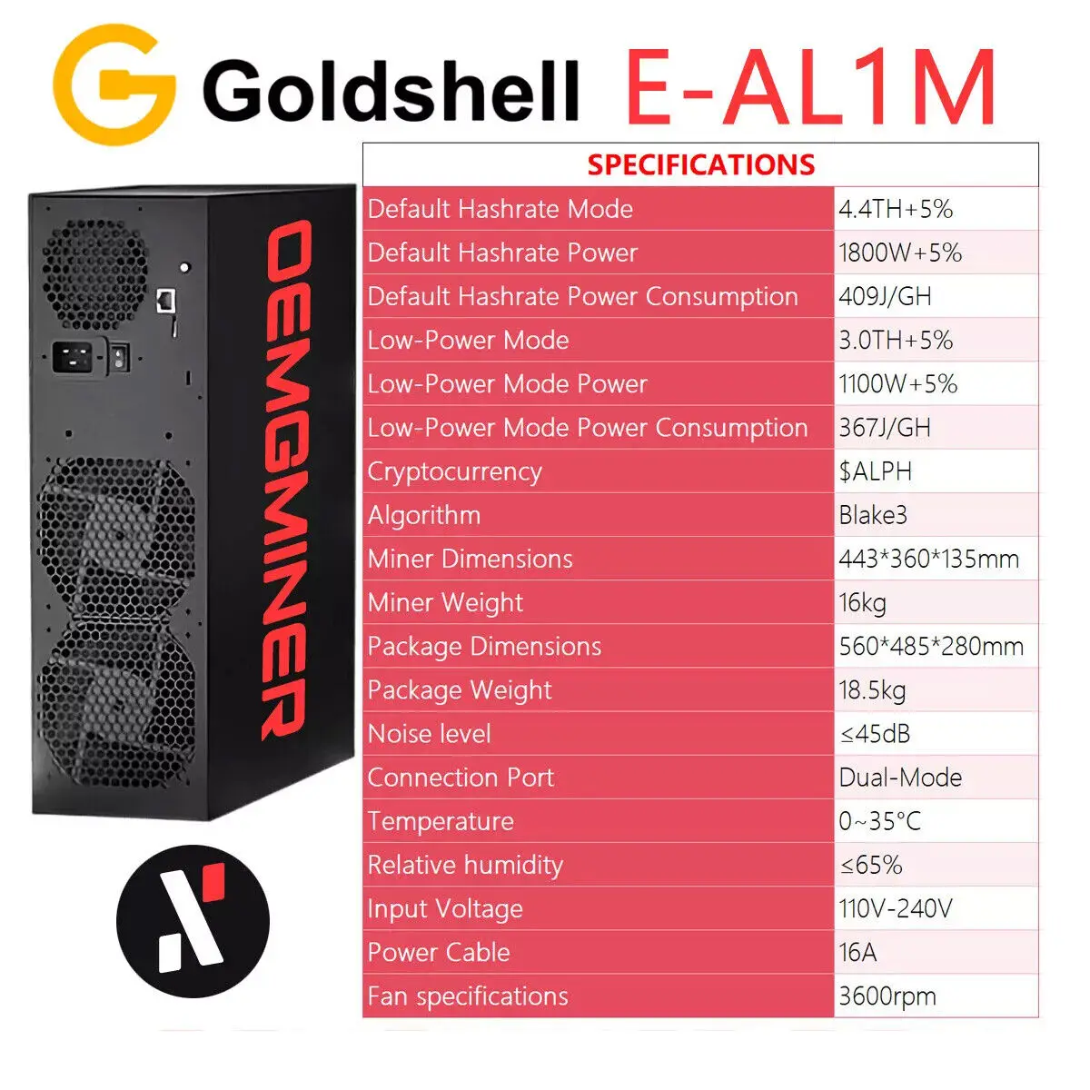 AJ Goldshell E-AL1M 4.4TH 1800W ALPH Miner Black 3 خوارزمية مع PSU المتوفرة فقط 50% الآن و 50% بعد التسليم