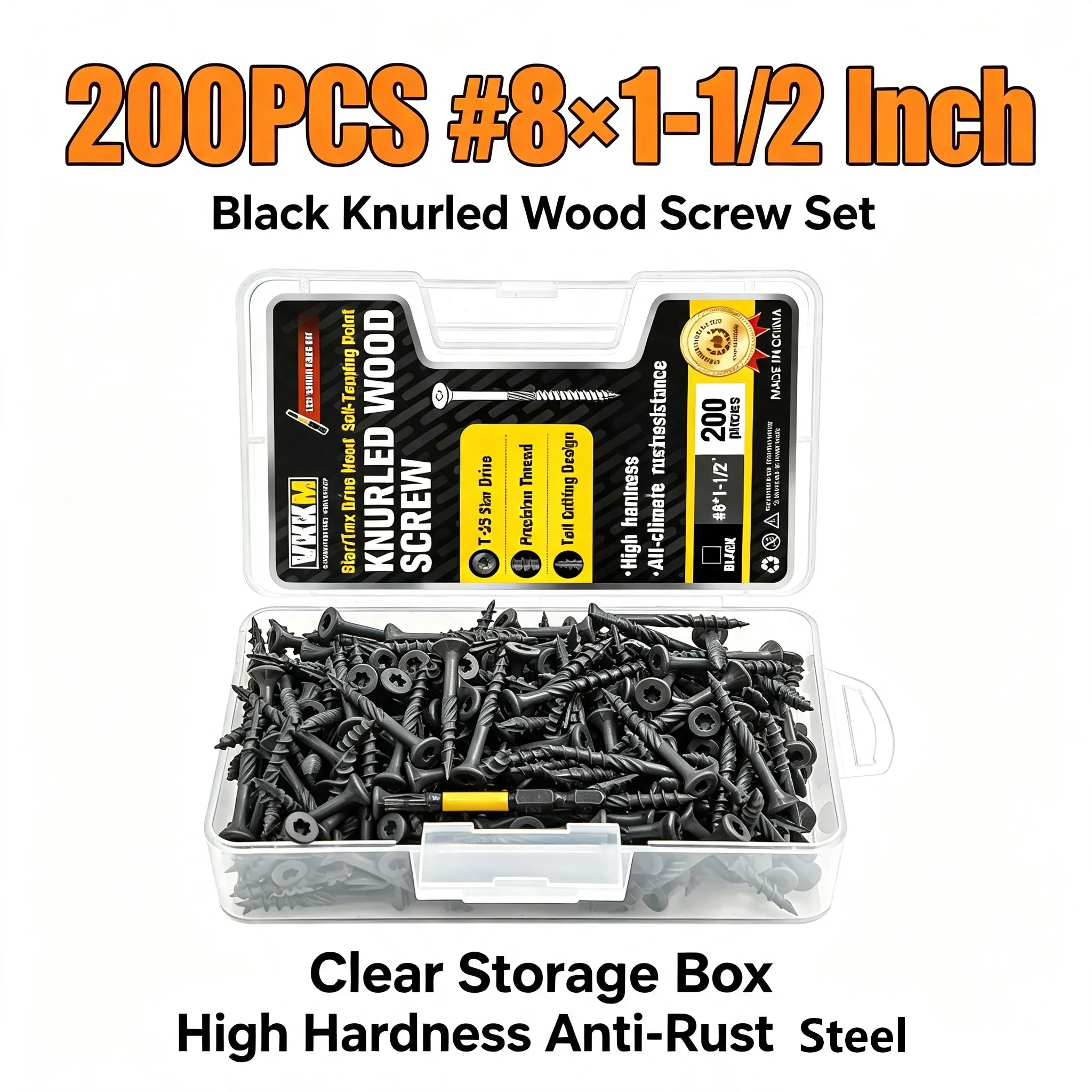VKKM 200Pcs #8×1-1/2 Inch Black T25 Torx Knurled Wood Screws, Anti-Split Self-Tapping Deck Lag Screws with Free Magnetic T25 Drill Bit, for Indoor Furniture, Outdoor Deck, Fence, Pergola, Pressure Treated Lumber Woodworking DIY Projects
