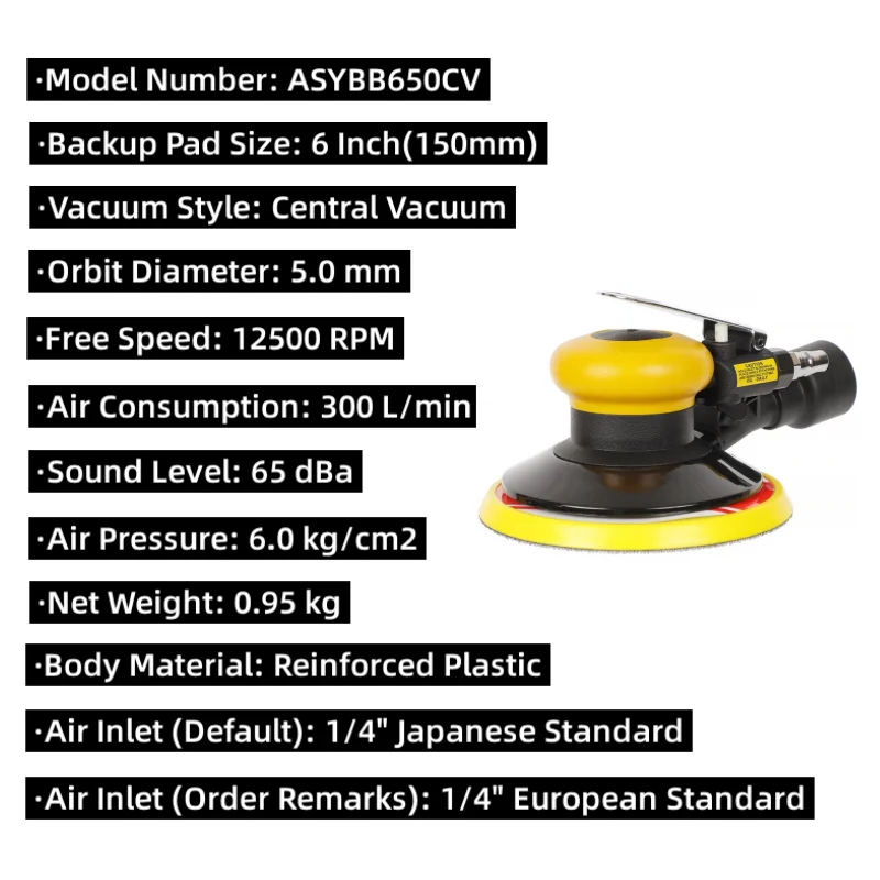 6 Inch (150mm) Air Random Orbital Sander Dual Action Polisher Palm Buffer Center-Vacuum Grinding Machine Pneumatic Sanding Tools