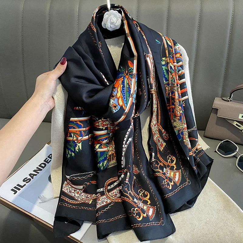 Mode Druck Große Schal Wraps Seide Schal Frauen Luxus Marke Satin Stirnband Hijab Bandana Turban Foulard Sommer Strand Stolen – Detail 16