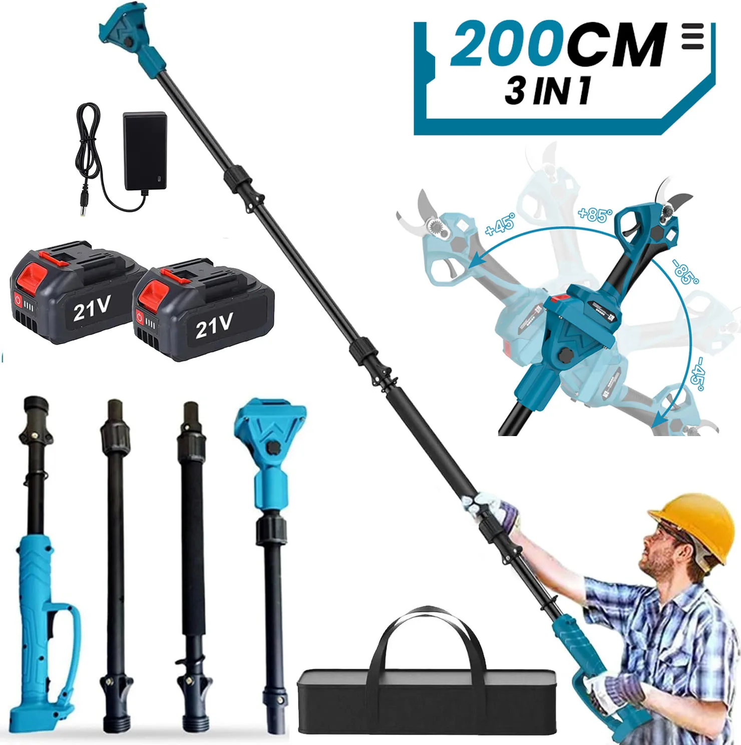 Motosierra Eléctrica Telescópica sin Escobillas OWJHE, Tijeras para Ramas Altas 180 °   Herramienta de poda ajustable para jardín, compatible con batería Makita de 21V