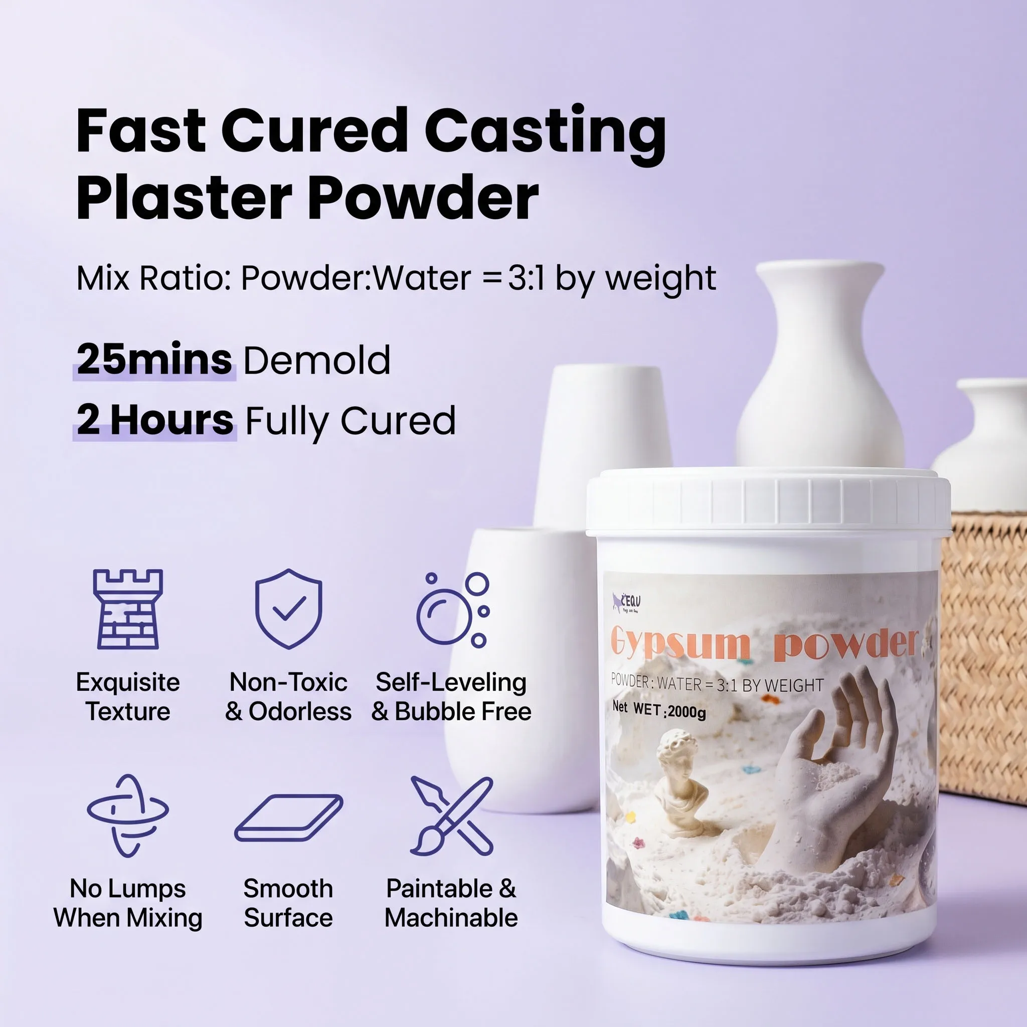 2,000g High-Density White Plaster Powder, DIY Resin Casting Powder For Plaster Dolls And Handmade Cement Crafts, Complete Kit With Colour Pigments, Moulds And Mixing Stick, Brand-New Packaging