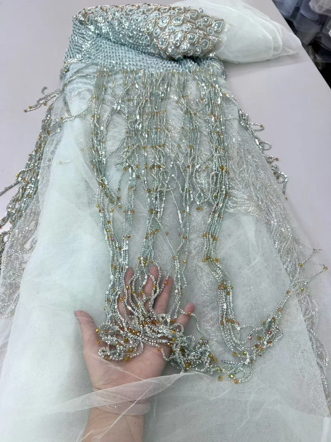 5 Yards African Handmade Beaded Lace Fabric 2026 France Sequins Nigerian Embroidery Bridal Mesh for Sewing AT2912