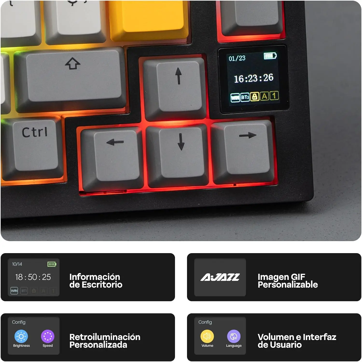 Detalle de las flechas, la pantalla TFT y la iluminación RGB roja del teclado