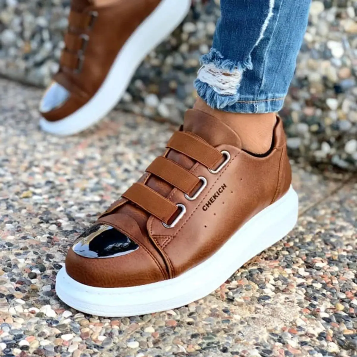 CHEKICH Original Brand Tan Color 2024 men's sneakers for Summer with Elastic band, Mirror Decorated quality leather Shoes CH251