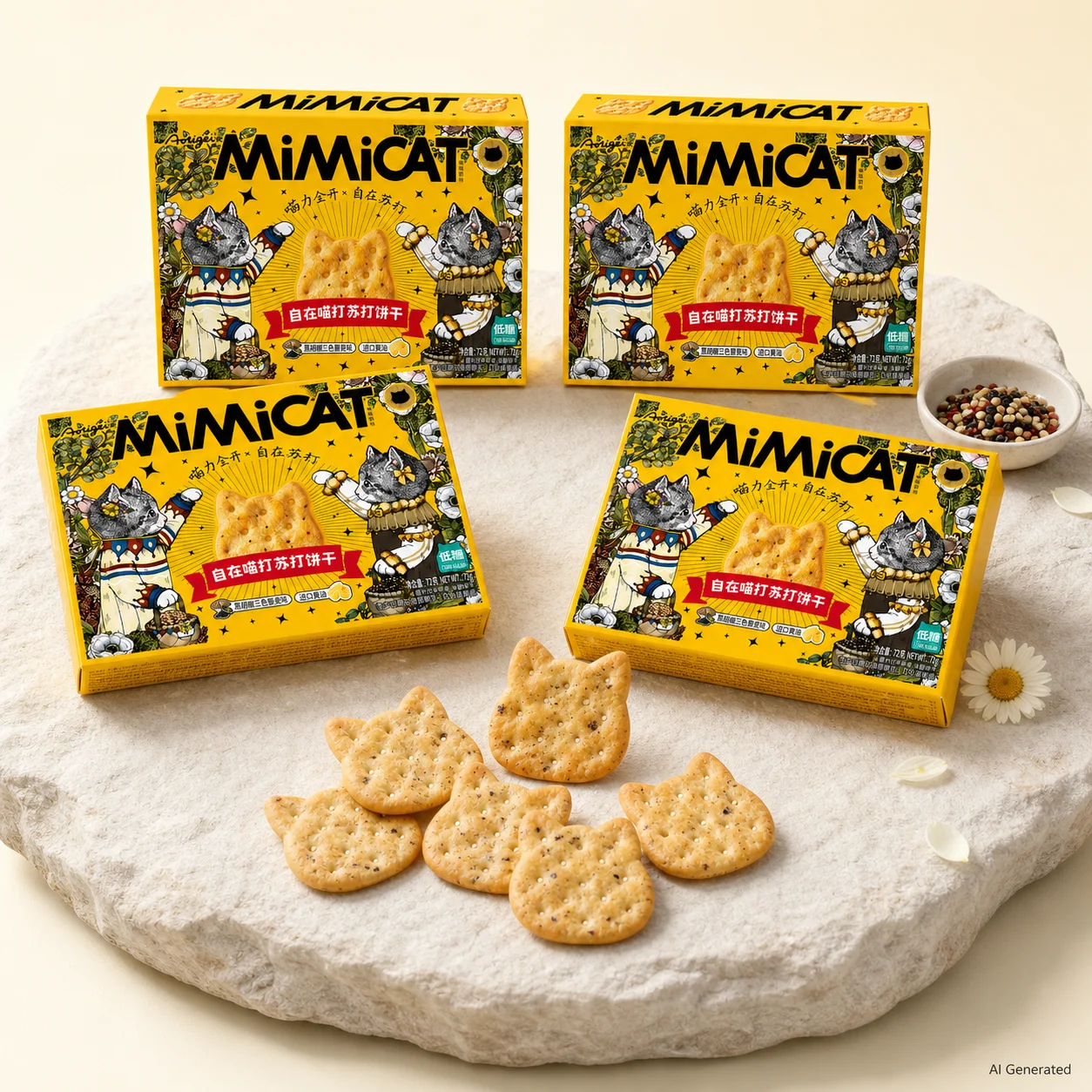 MiMiCAT Chill Kitty Soda-Cracker mit schwarzem Pfeffer und dreifarbigem Quinoa, 72 g pro Schachtel, 4er-Set – herzhafte, knusprige Kekse in Katzenform mit Pfeffer- und Mehrkornnote; knuspriger