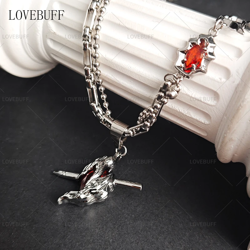 LOVEBUFF LAD Sylus: Dark Feather Through The Heart Pendant Layered Necklace Cosplay Accessory