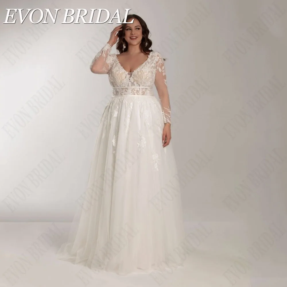 

EVON BRIDAL Civil Long Sleeves Wedding Dress Plus Size Applique A-Line Deep V-Neck Bridal Gowns Tulle Backless Hochzeitskleid