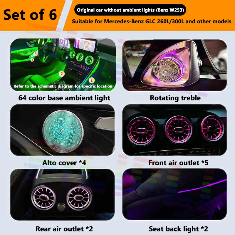 For Benz C/GLC Class W205 X253 Car 4D Tweeter 7pcs Interior Air outlet Co-pilot Backrest light Speaker panel Ambient Light