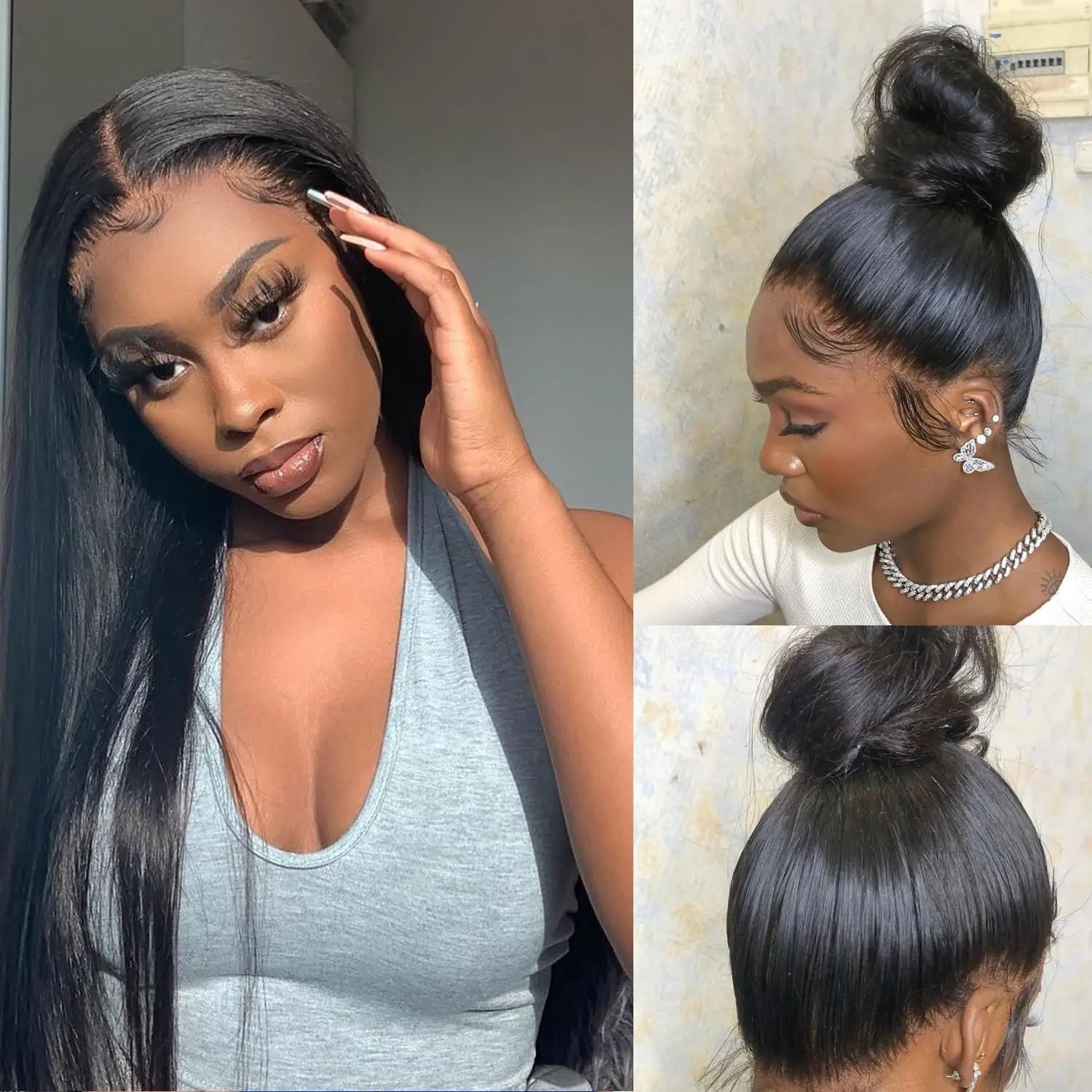 Glueless Invisi-Drawstring 360 레이스 프론트 가발 인간의 머리카락 착용 및 이동 스트레이트 전체 레이스 정면 가발 180% HD 투명 버진 헤어