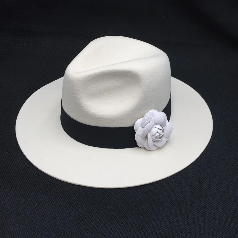 White Fedora Wool Blend Hat Wide Brim Panama Flower Winter Hat Accessories Parties Vacation Shopping Gift Her Woman Girl Hipster