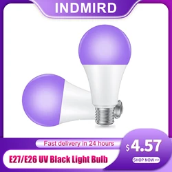 INDMIRD UV 블랙 라이트 전구, E27 UV 전구, 9W 전구, 395-405nm 블랙 라이트 램프, UV-A 블랙 라이트 전구, 보라색 조명