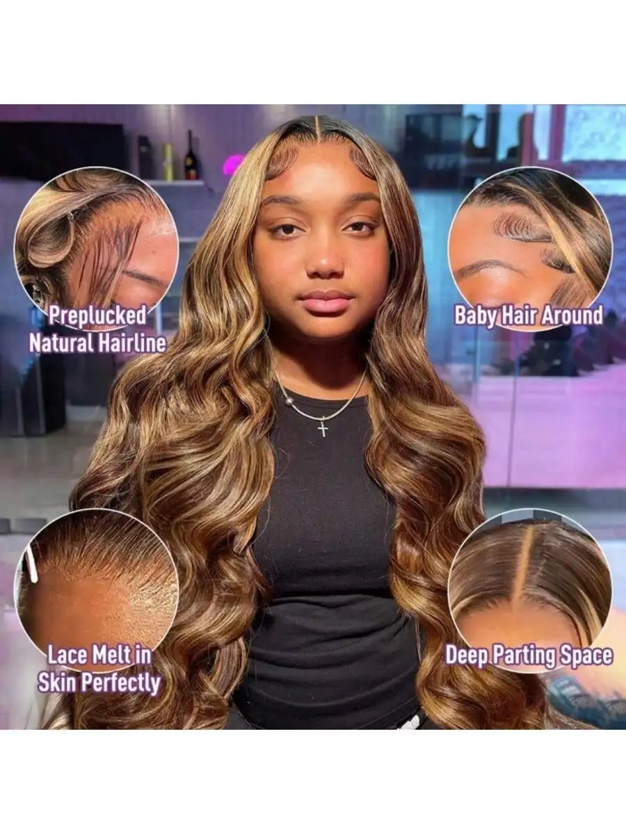 العسل شقراء الدانتيل شعر مستعار أمامي شعر الإنسان تسليط الضوء على الجسم موجة الباروكات قبل قطعها 200 الكثافة شعر مستعار 13X4 HD الدانتيل الباروكة الأمامية 4/27 #4