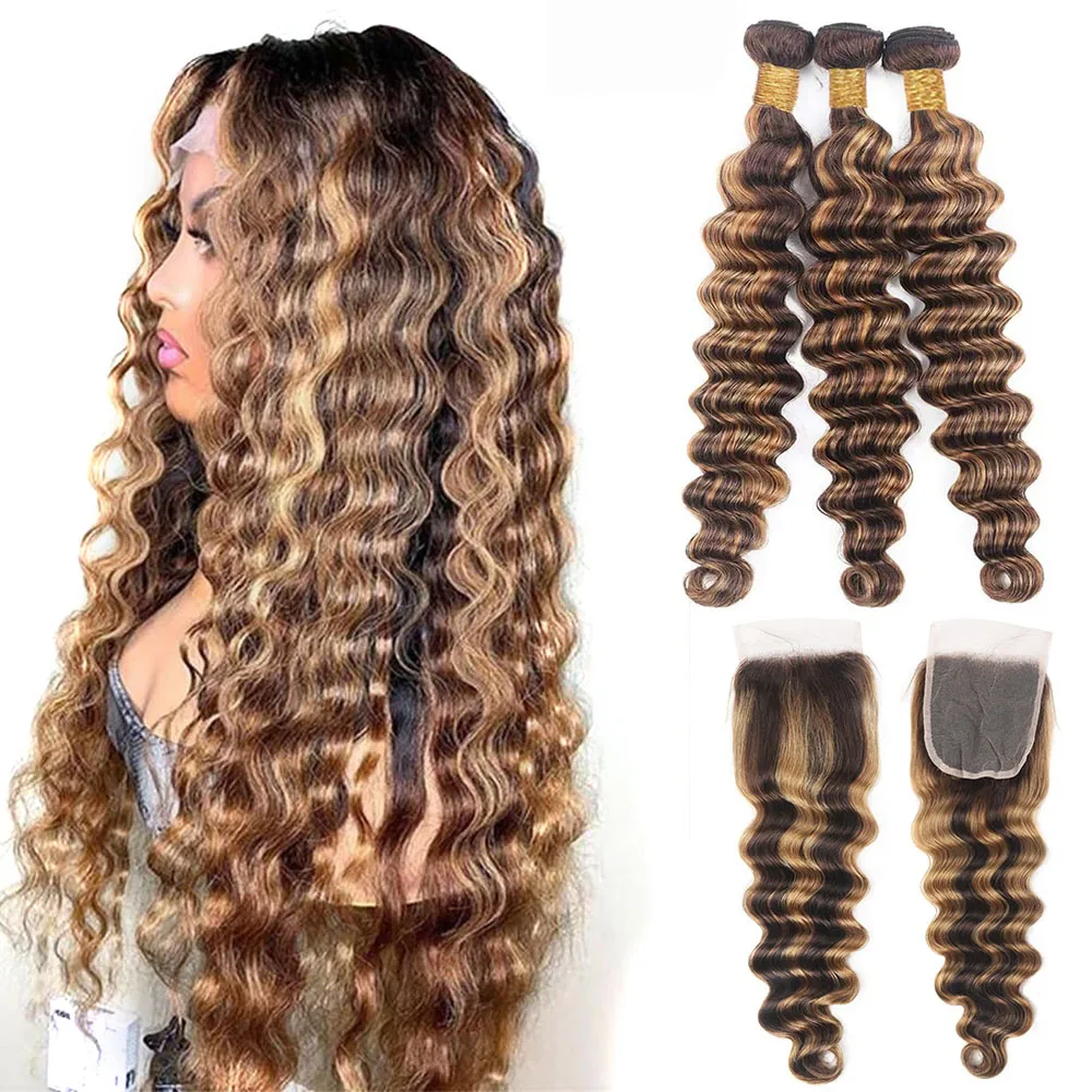 Highlight Loose Deep Wave Bundles with Closure Brown Human Hair Bundles with Closure Ombre Honey Blonde Bundles with Closure