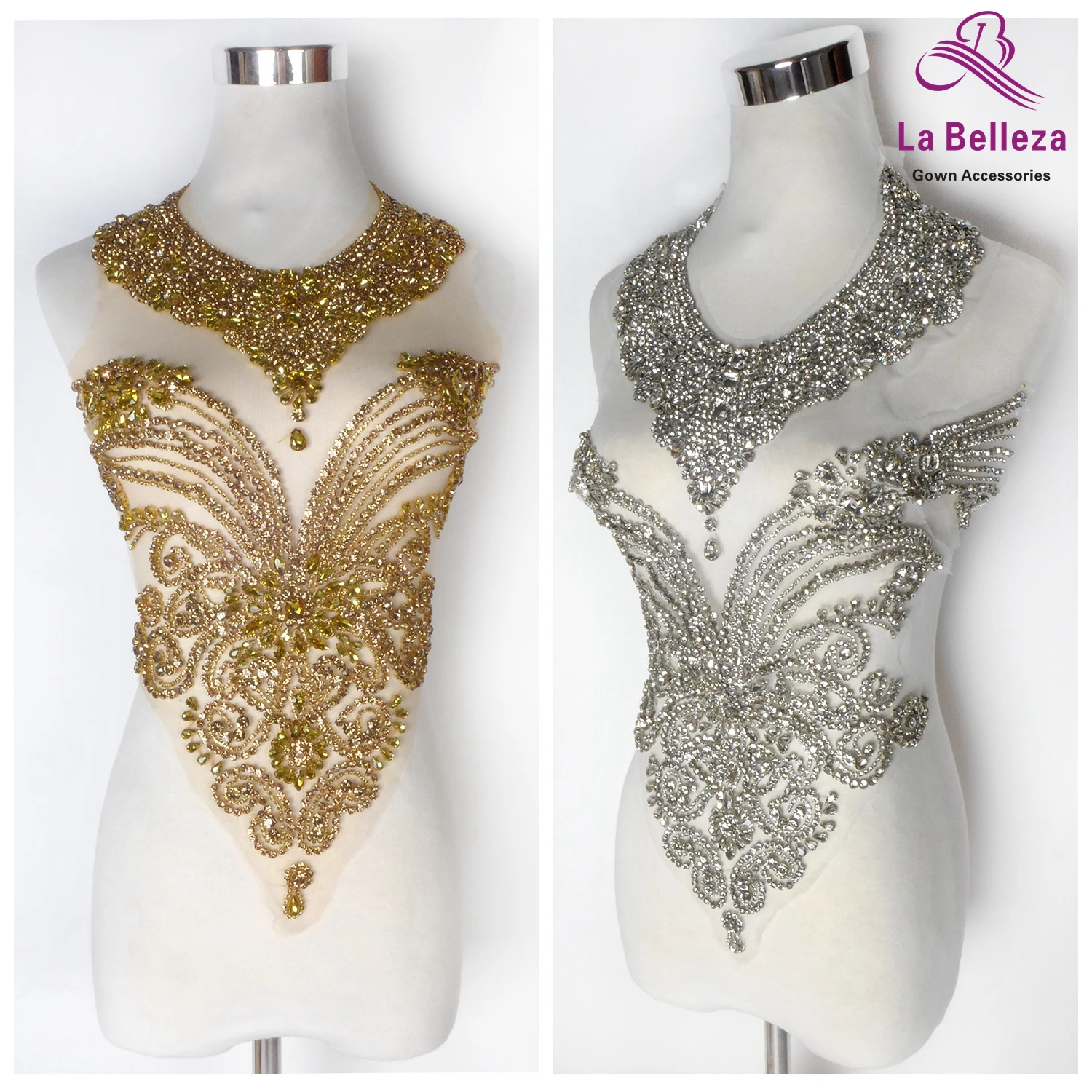 La Belleza beauty hand sewon neck bodice applique,gold silver crystal rhinestone applique Patch for dress accessories