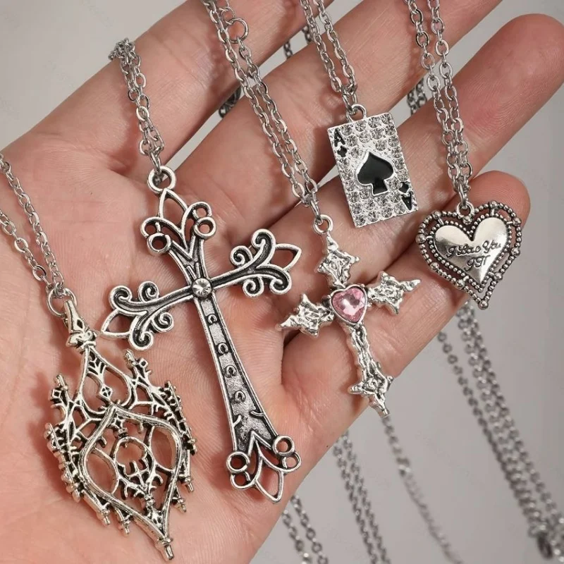 5Pcs Gothic Cross Necklace Set, Silver Chain Hollow Silk Cross Pink Heart Spades Poker Card Heart Pendant Necklace Jewelry
