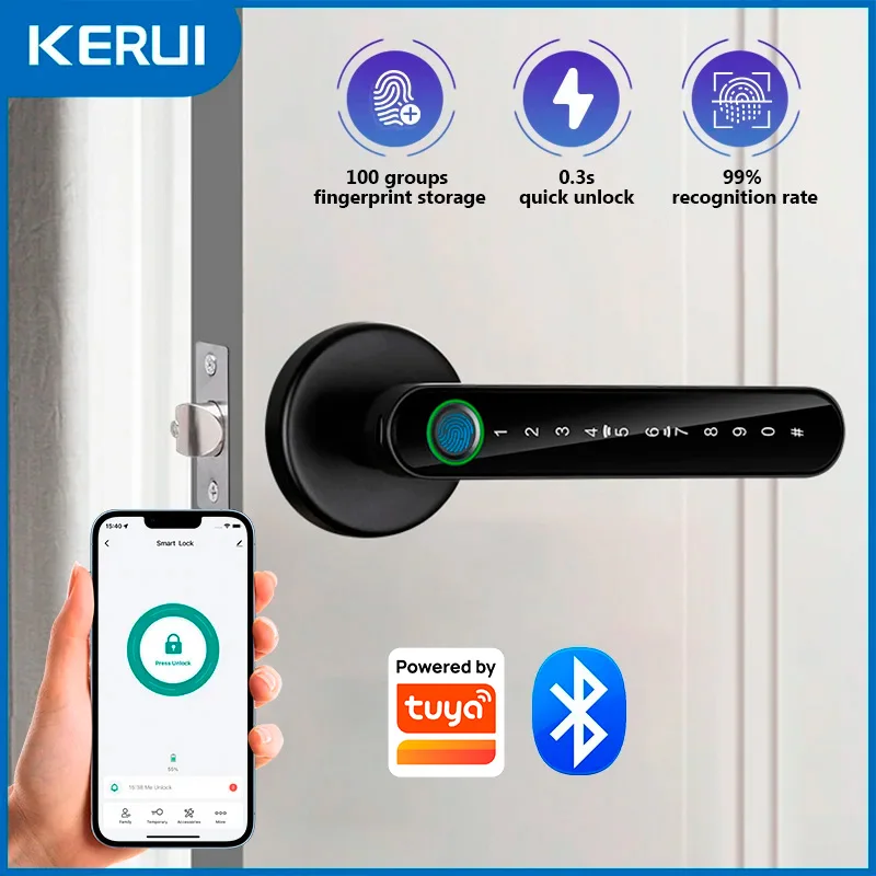 

KERUI Fingerprint Door Lock Works with Tuya Smart Electronic Door Lock with Fingerprint/Password/Key/Tuya APP/Card Unlock