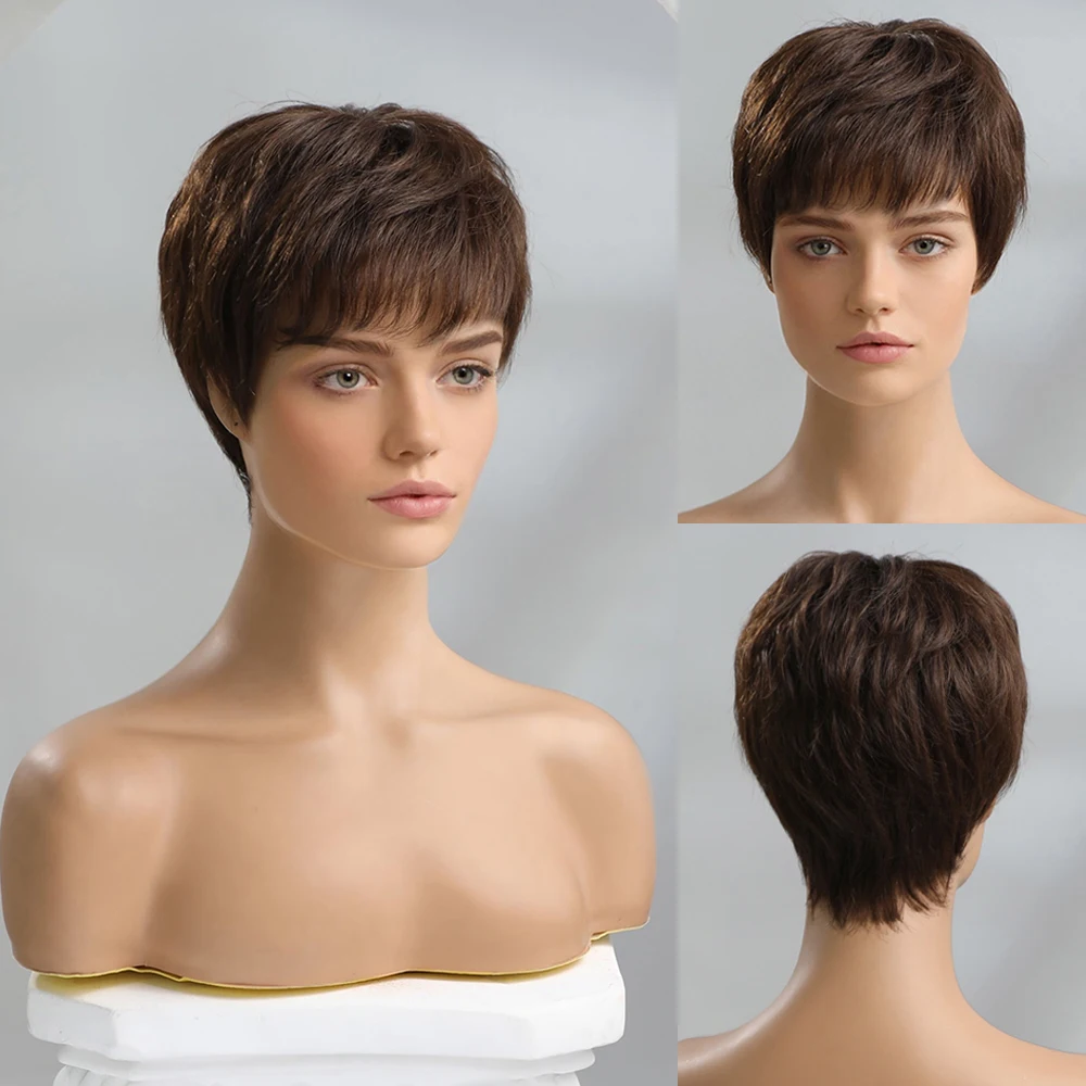 HAIRCUBE-Pixie Curta Corta Perucas de Cabelo Humano com Franja para Mulheres, Feita à Máquina, Natural, Preto, Marrom, Remy