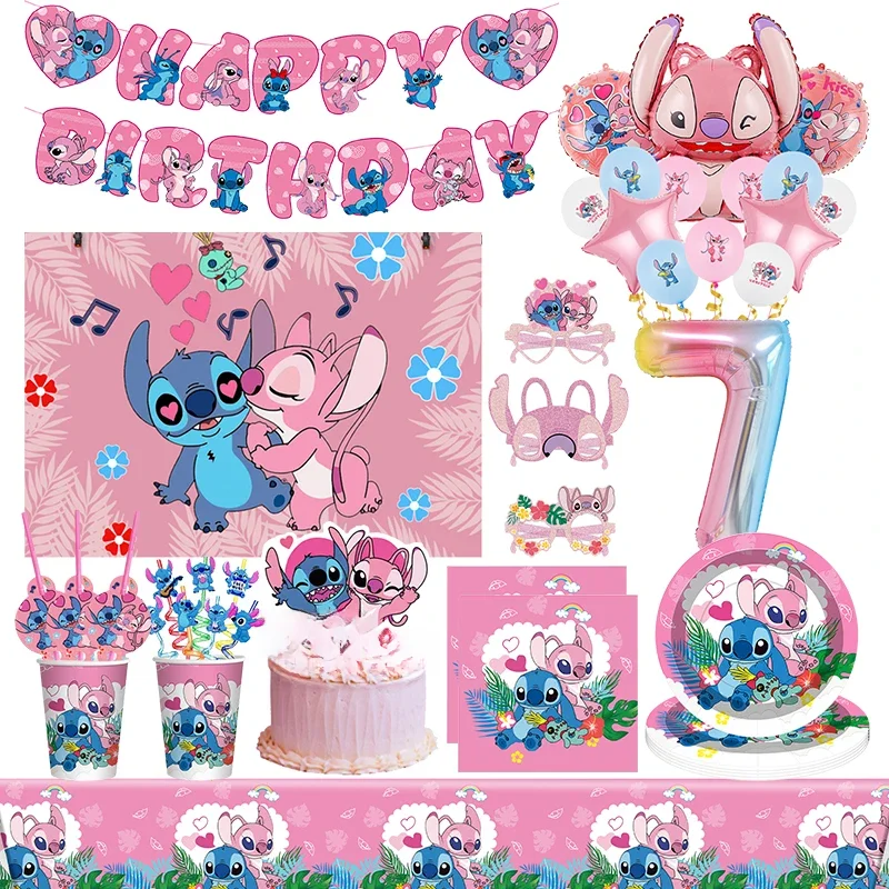 Disney Lilo e Stitch Party Theme Tableware Set para Crianças, Pink Angel Balloons, Girl Favors,