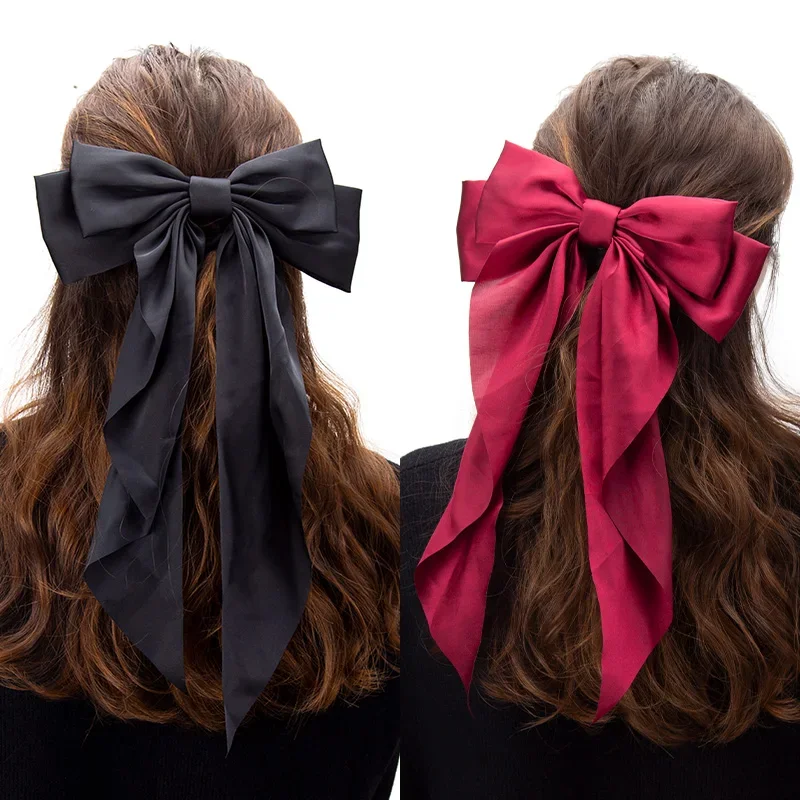 Elegancka kokardka wstążka spinka do włosów dla kobiet moda solidna satyna czarny klips prosta spinka do włosów opaska na głowę z klipsami dziewczęce akcesoria do włosów — zdjęcie 2